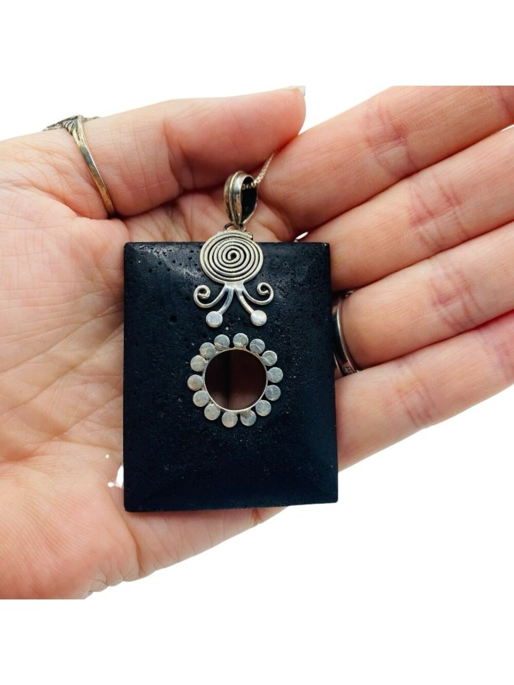 Sterling Silver Lava Rock Pendant Necklace Bali Swirl Statement